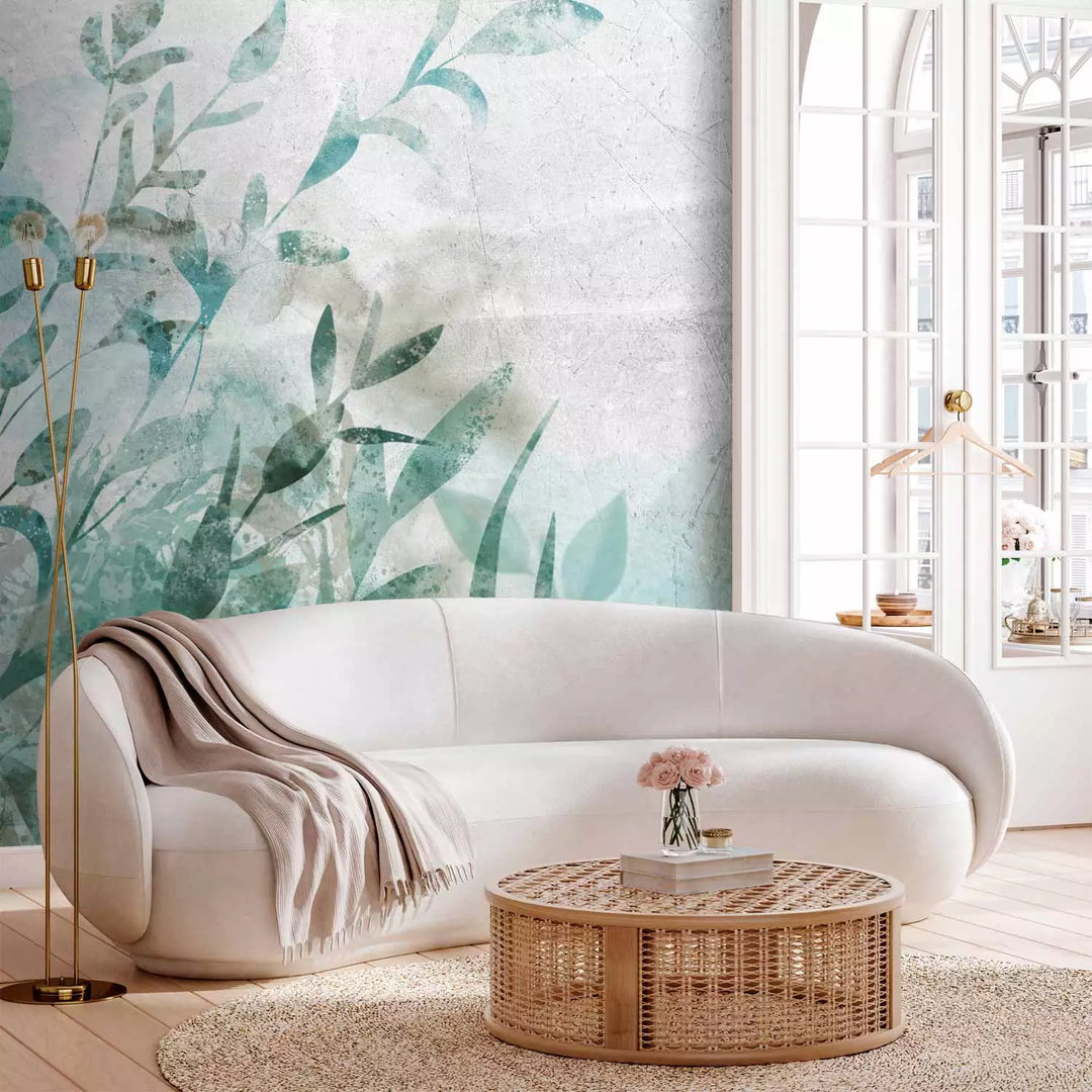 Фотообои - зеленые листья на светло-сером фоне - Натюрморт, 135482