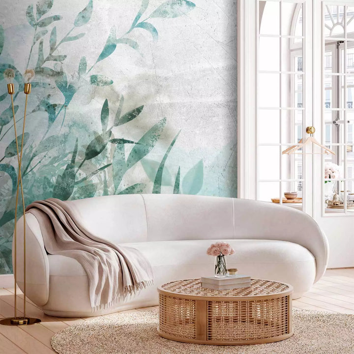 Фотообои - зеленые листья на светло-сером фоне - Натюрморт, 135482