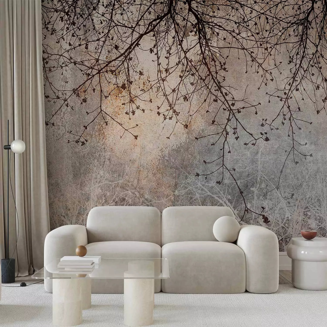 Fototapetes - Tumšas koku zari uz pelēka fona, 142597