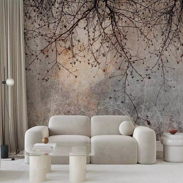 Fototapetes - Tumšas koku zari uz pelēka fona, 142597