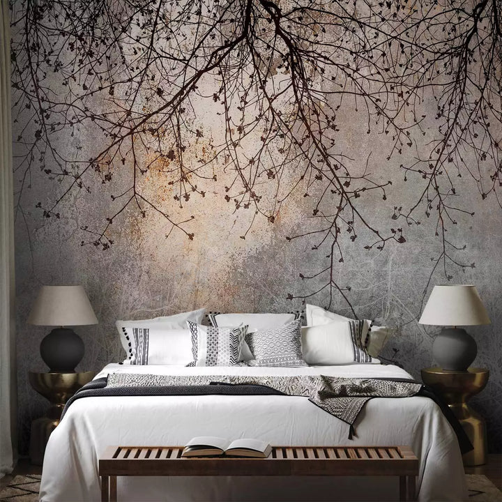 Fototapetes - Tumšas koku zari uz pelēka fona, 142597