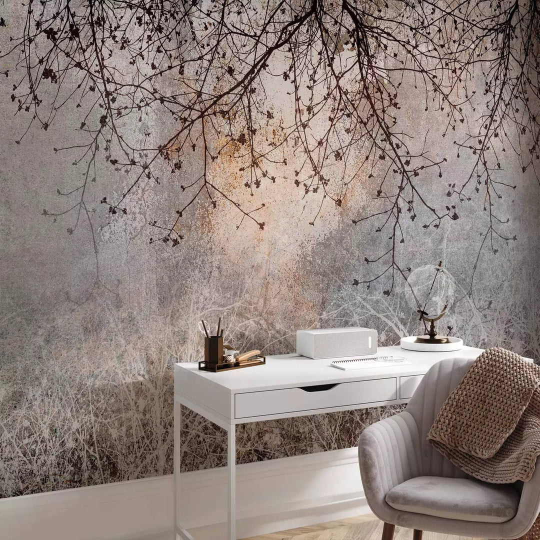 Fototapetes - Tumšas koku zari uz pelēka fona, 142597