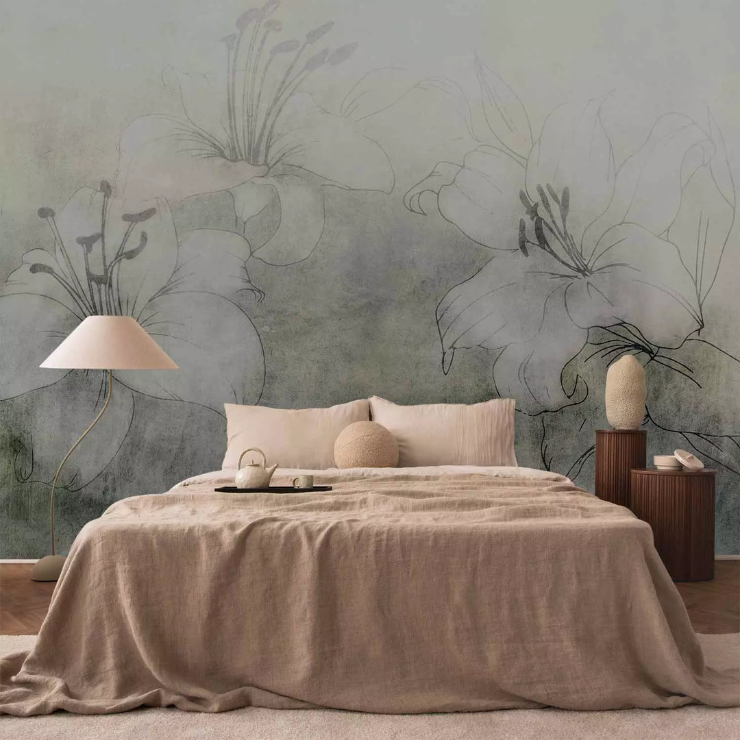 Wall Murals - White lilies on a silent green background, 149249
