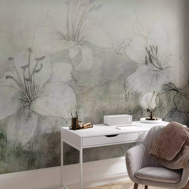 Wall Murals - White lilies on a silent green background, 149249