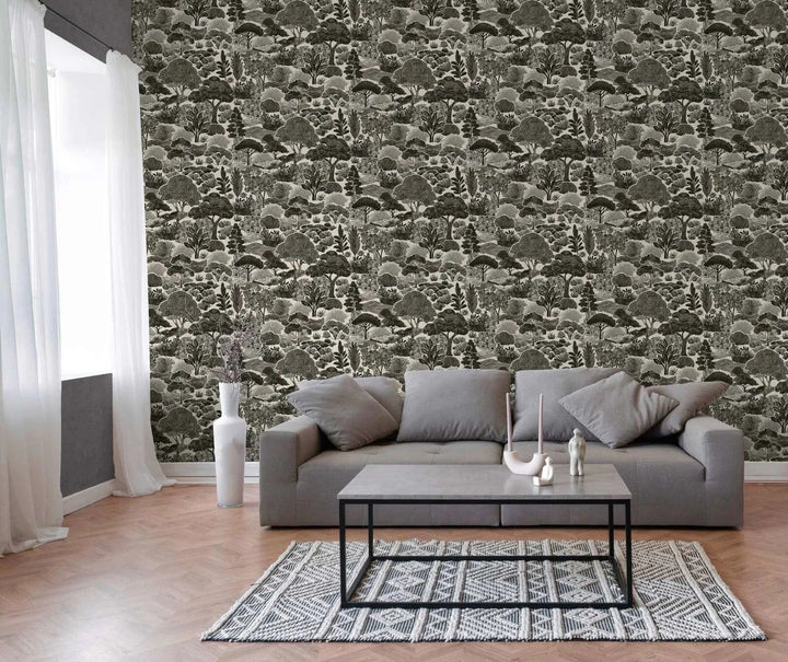 Dekoratīvas tapetes ar koku ainavu, melnbaltas - 3012455 AS Creation