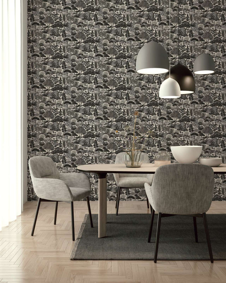 Dekoratīvas tapetes ar koku ainavu, melnbaltas - 3012455 AS Creation