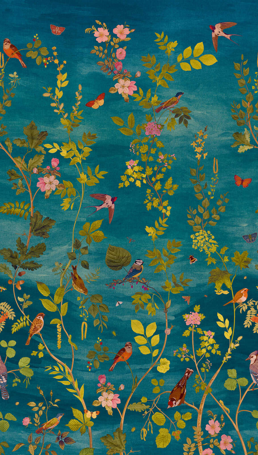 Dekoratīvās tapetes ar krāsainu ziedu un augu motīvu, zila, zaļa AS Creation