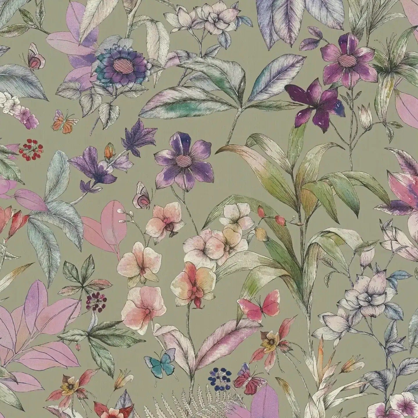 Detalus vaizdas: žali ir violetiniai dekoratyviniai tapetai su matine tekstūra. SKU: 3012501, AS Creation.