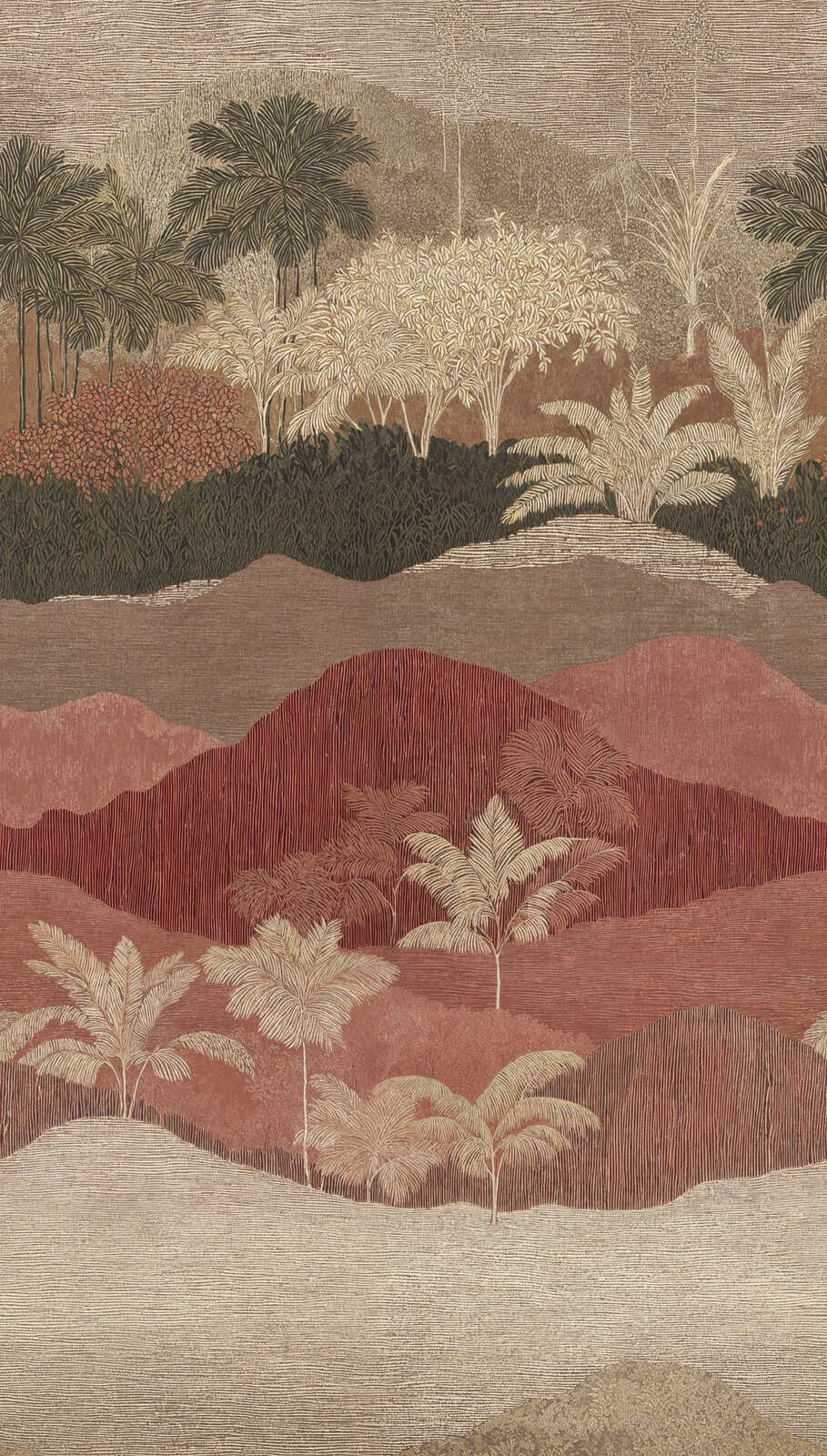 Dekoratīvās tapetes ar stilizētu ainavas un palmu motīvu, brūnā AS Creation