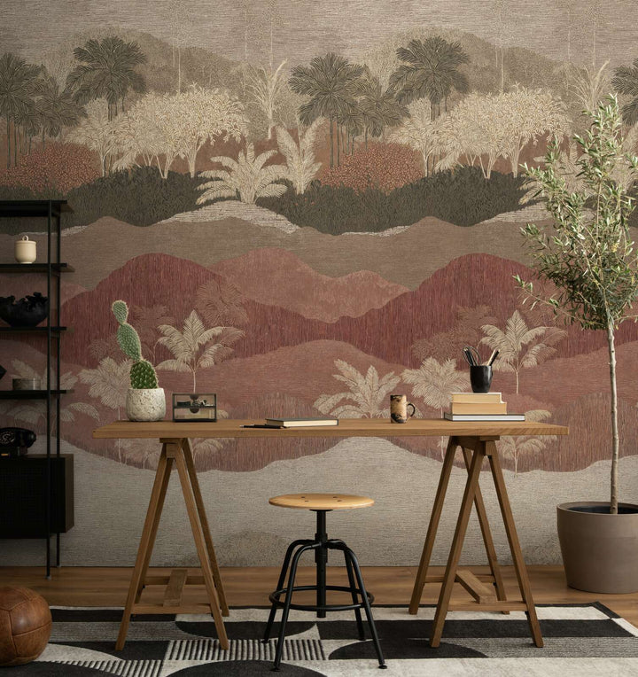 Dekoratīvās tapetes ar stilizētu ainavas un palmu motīvu, brūnā AS Creation