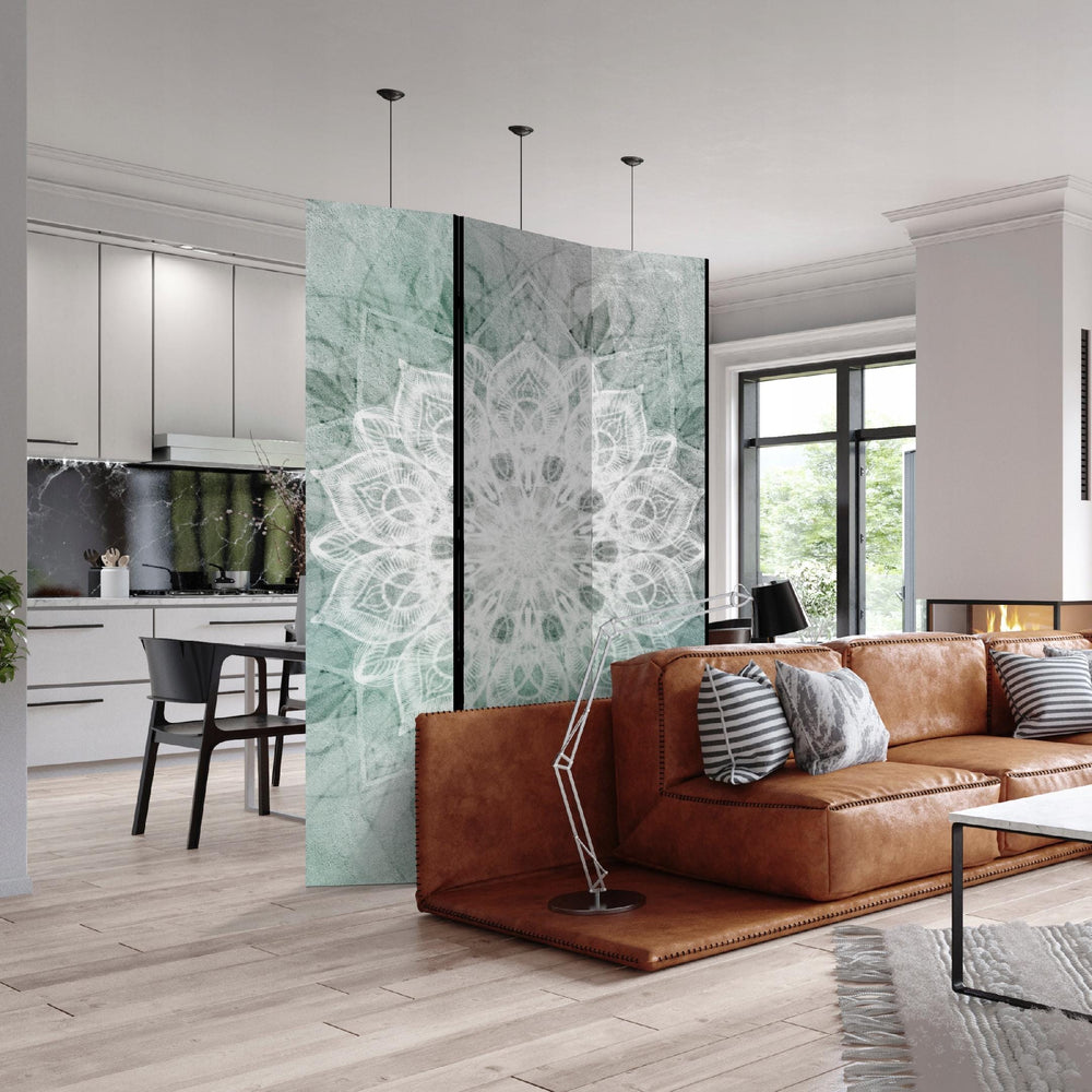 Dekoratīvs istabas aizslietnis, divpusējs, 135x172, Harmoniskā Mandala zaļā krāsā L-ART