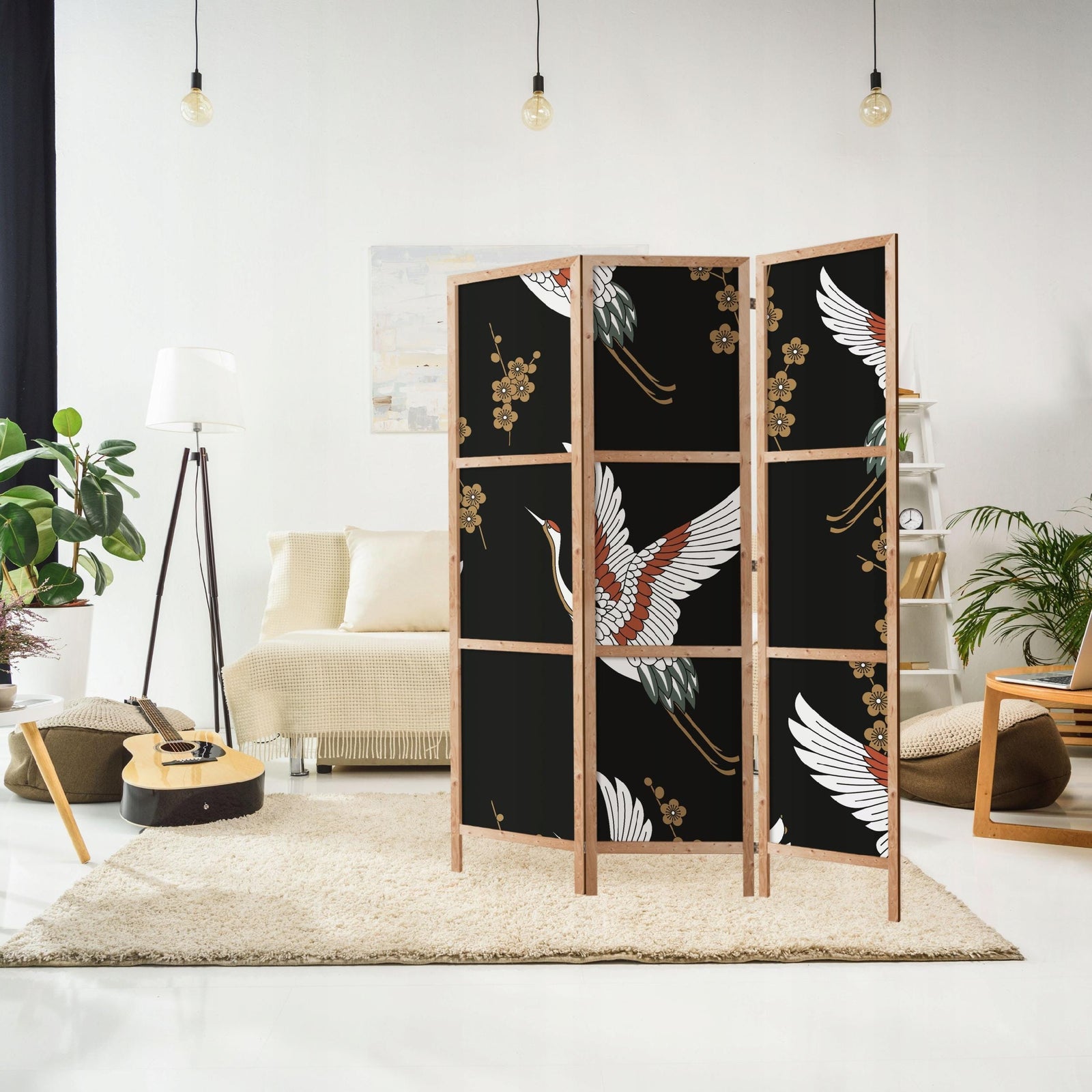 Dekoratīvs japāņu aizslietnis, vienpusējs 135x172, Dzērves uz melna fona L-ART