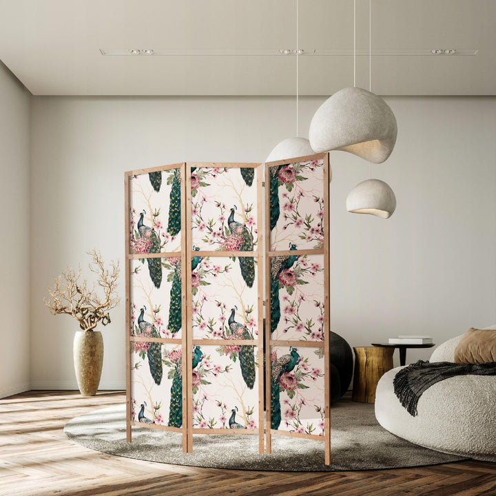 Dekoratīvs japāņu aizslietnis, vienpusējs 135x172, Pāvi un pavasara ziedi L-ART