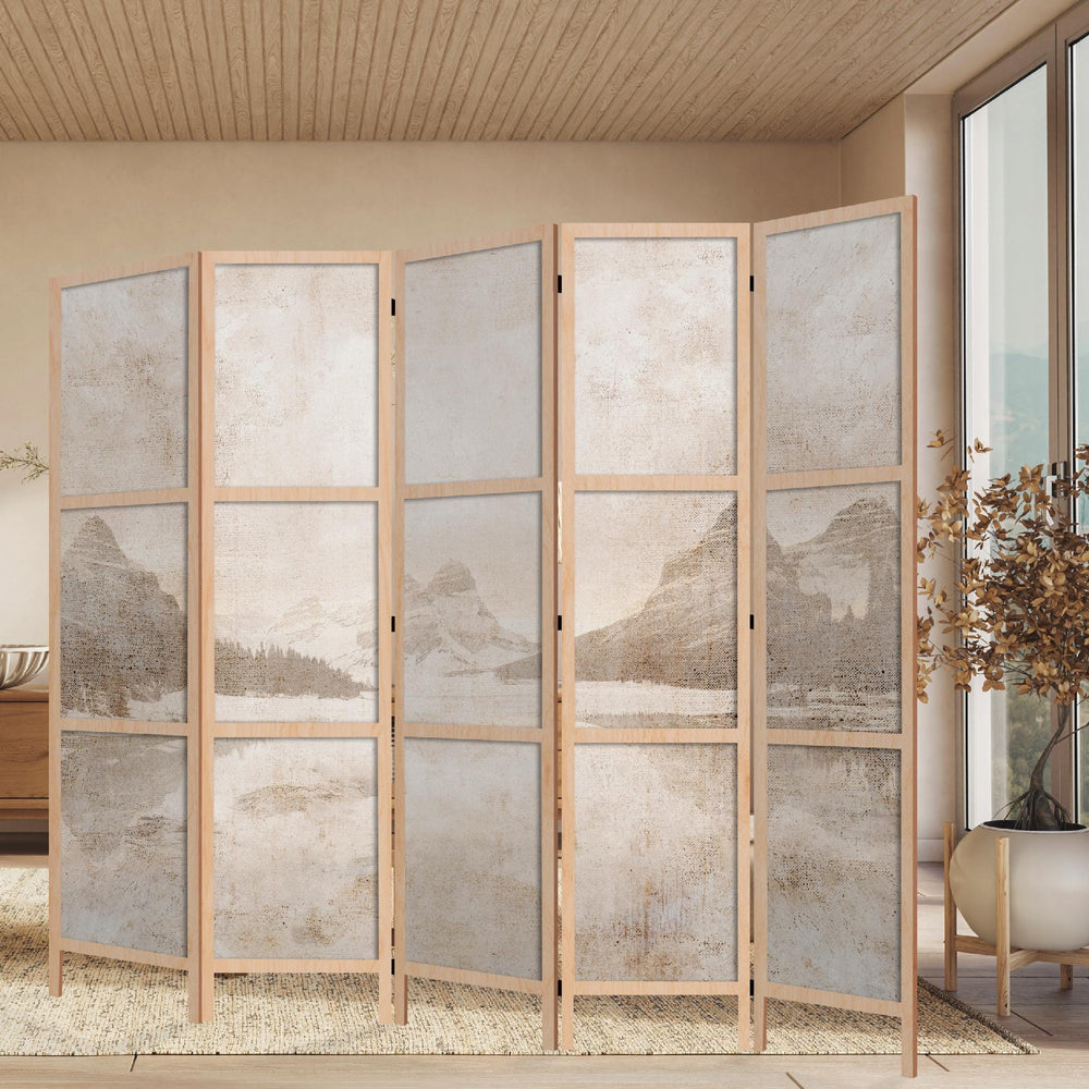 Dekoratīvs japāņu aizslietnis, vienpusējs 225x172, Kalnu un ezera motīvs bēšos toņos L-ART