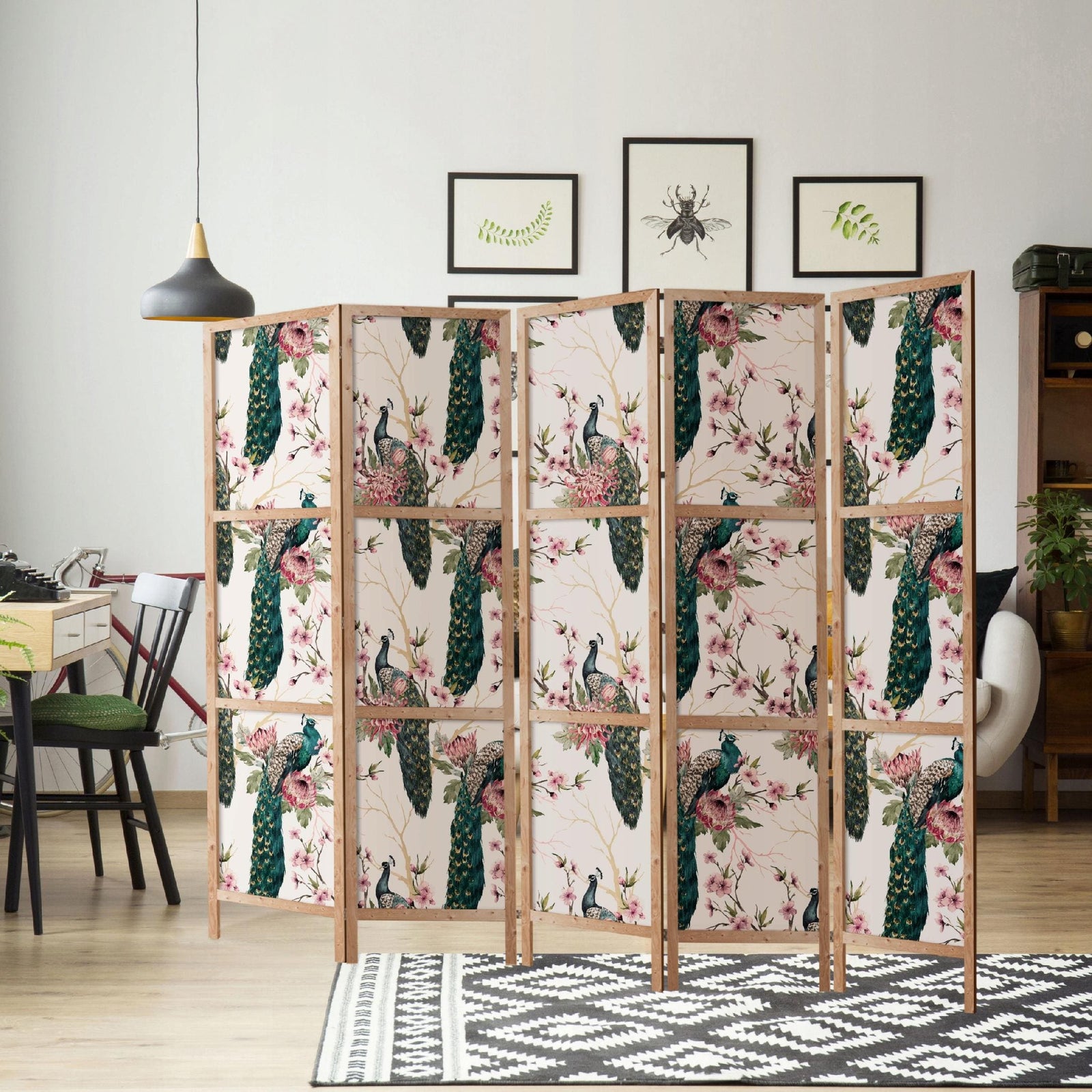 Dekoratīvs japāņu aizslietnis, vienpusējs 225x172, Pāvi un pavasara ziedi L-ART