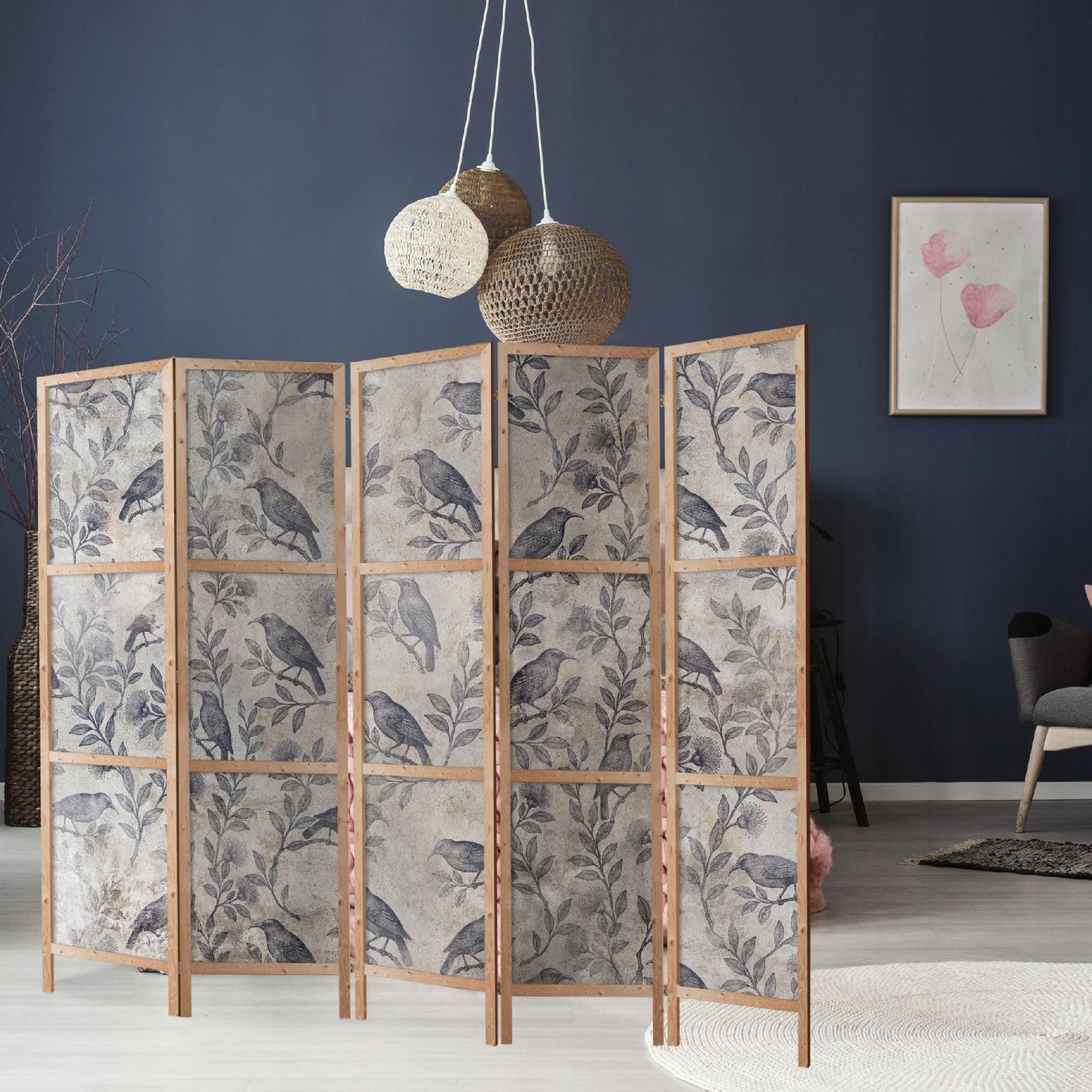 Dekoratīvs japāņu aizslietnis, vienpusējs 225x172, Zilie putni un lapas L-ART