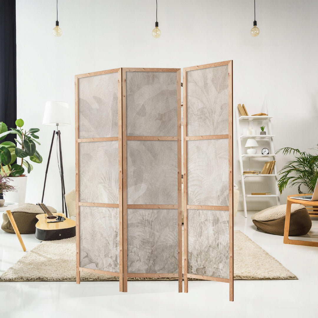 Minimālistisks aizslietnis ar tropu augu skicēm – bēšs/pelēks, 135x172 L-ART