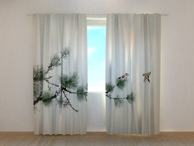 Oriental day and night curtains - Birds on pine Digital Textile