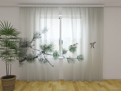 Oriental day and night curtains - Birds on pine Digital Textile