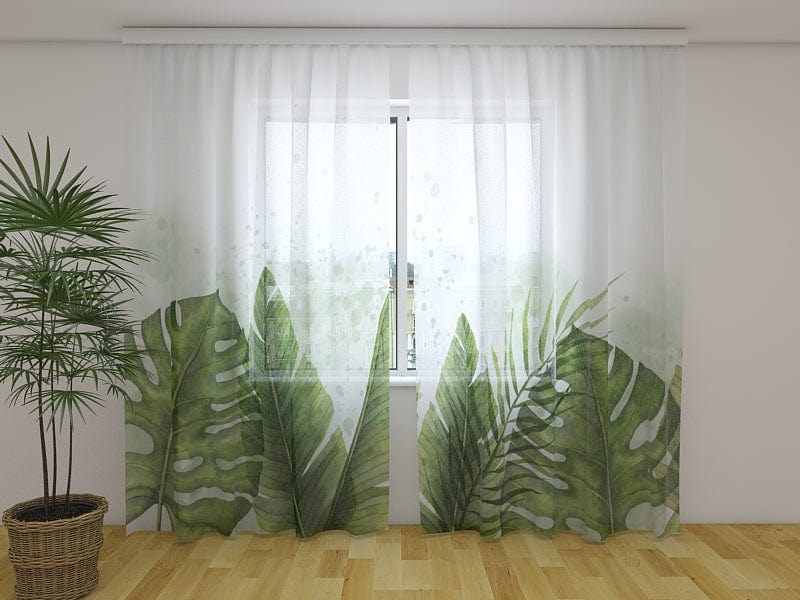 Dieninės ir naktinės užuolaidos - Egzotiški žali palmių lapai Skaitmeninė tekstilė
