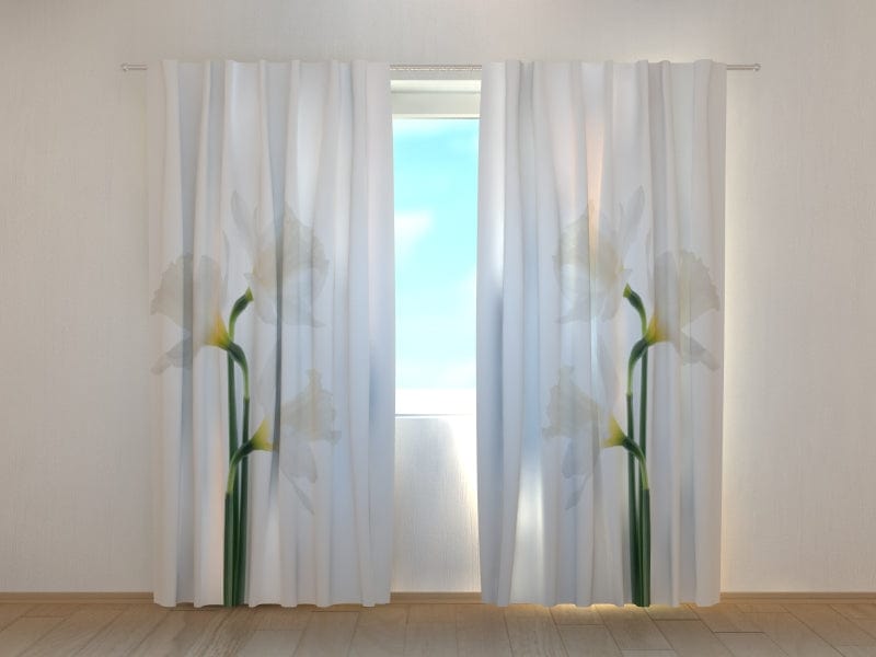 Day and night curtains - Elegant white daffodils on white background Digital Textile