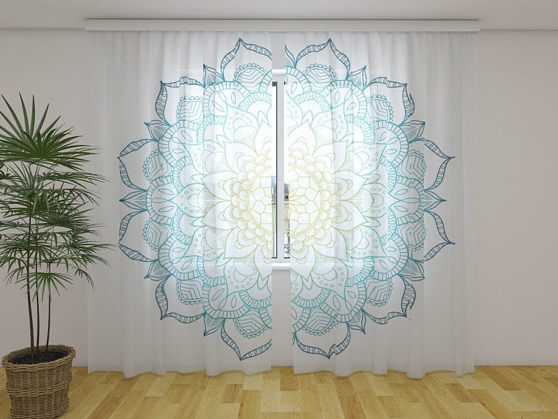 Aizkari ar austrumu ornamentu - Mandala zilā un dzeltenā krāsā Tapetenshop.lv