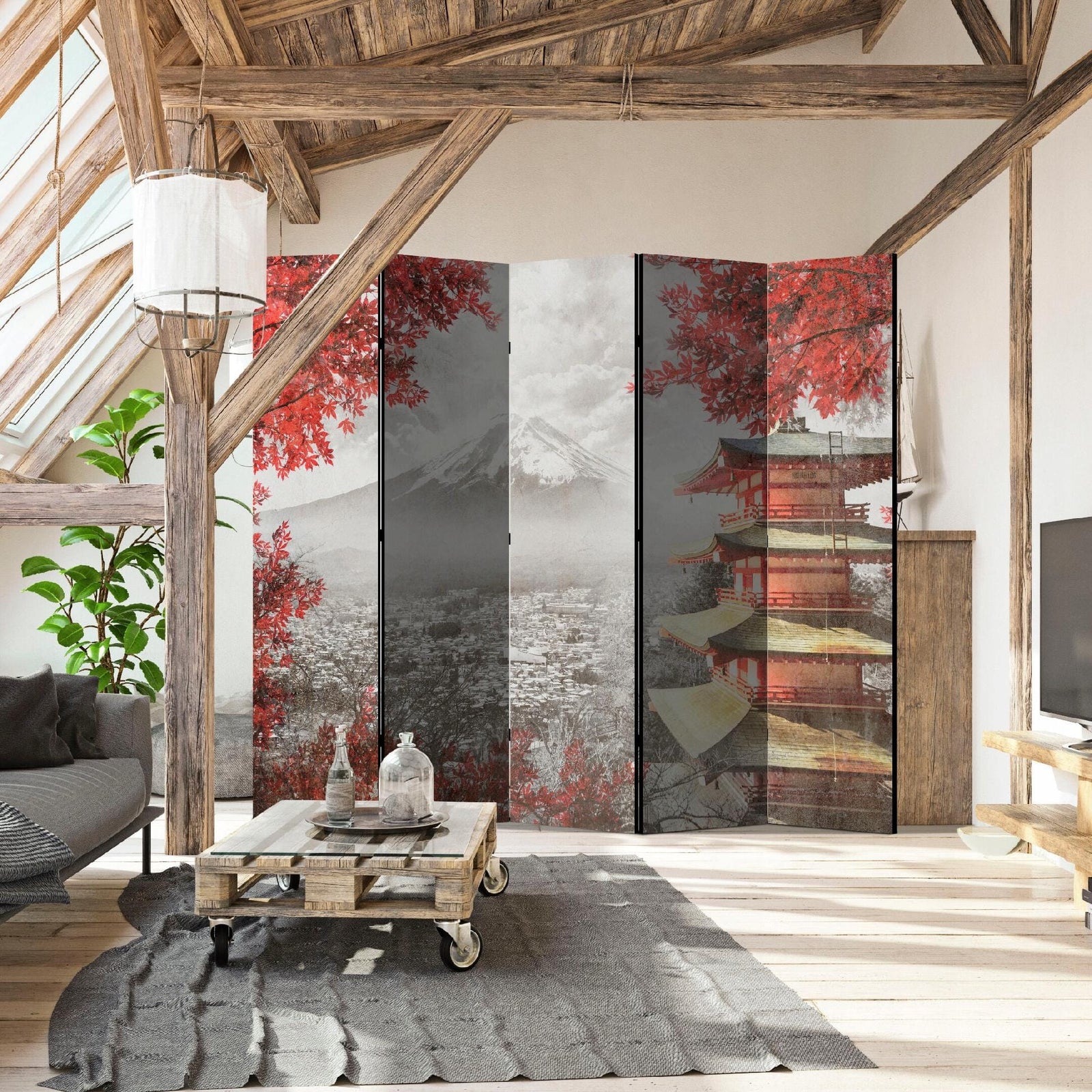 Divpusējs aizslietnis, 225x172, Austrumu stilā, Japānas ainava, pelēka, sarkana L-ART