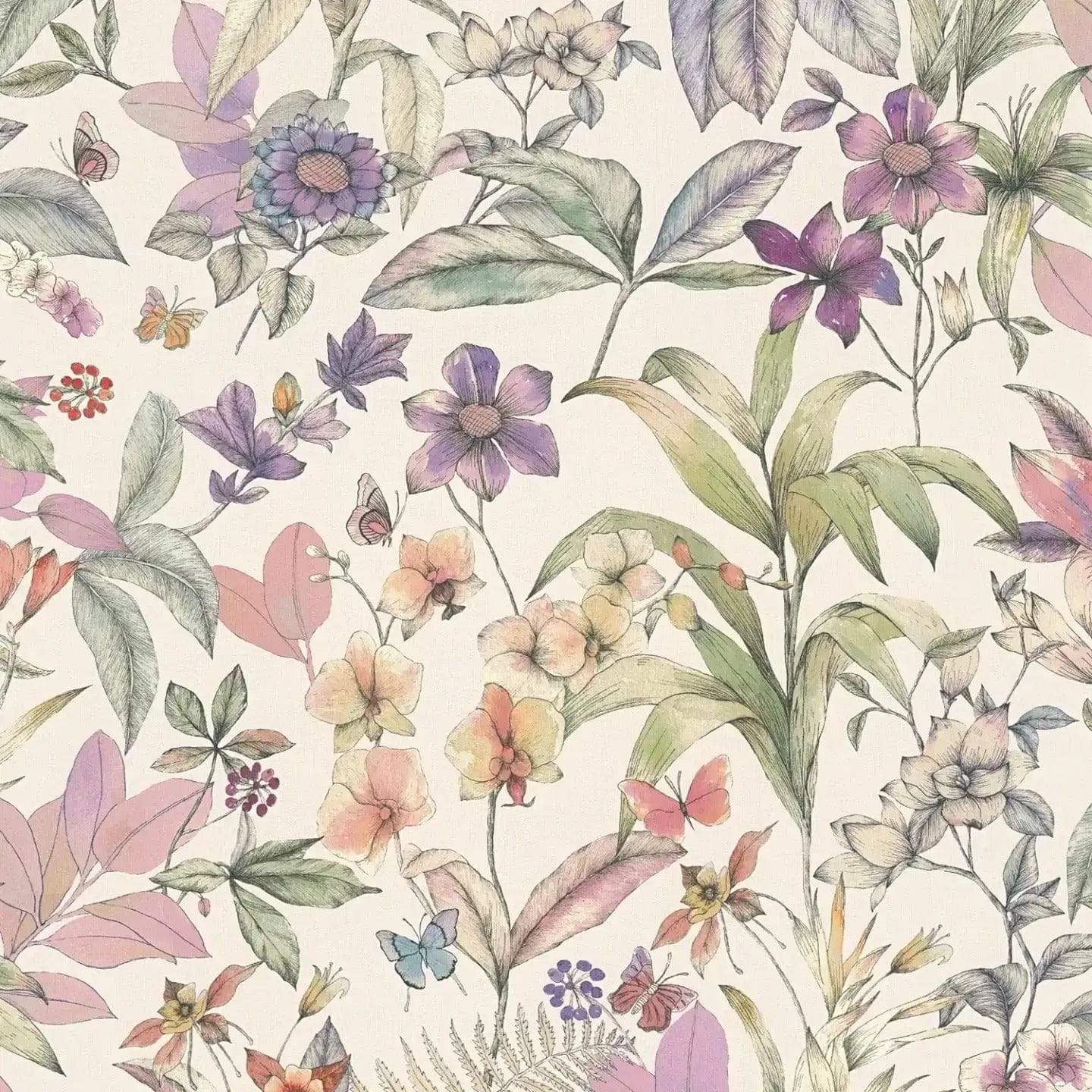 Gyvybingų žalios ir violetinės spalvos tapetų su gėlių raštu stambiu planu. SKU: 3012500, AS Creation.