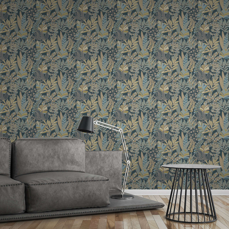 Jungle style wallpaper with gloss effect, blue, green, gold, 1373453 AS Creation