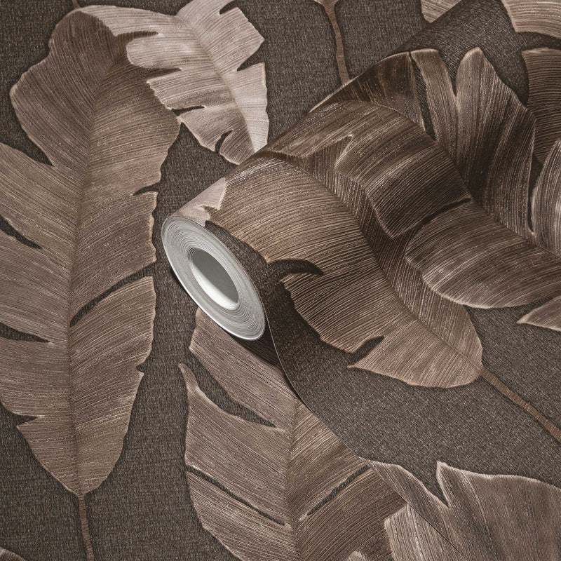 Jungle wallpaper with light shiny palm leaves - brown, 1375766 AS Creation