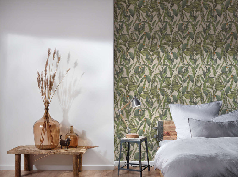 Jungle wallpaper with leaves and flowers, matt: green and cream, 1401624 AS Creation