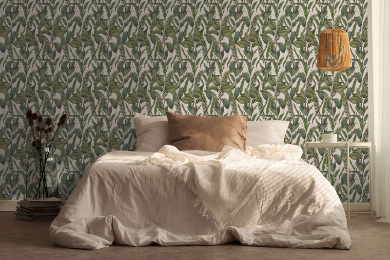 Jungle wallpaper with leaves and flowers, matt: green and cream, 1401624 AS Creation