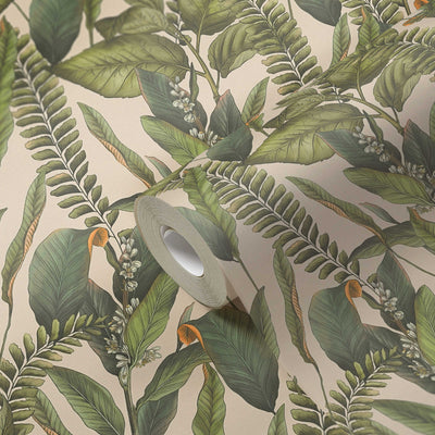 Jungle wallpaper with leaves and flowers, matt: green and cream, 1401624 AS Creation