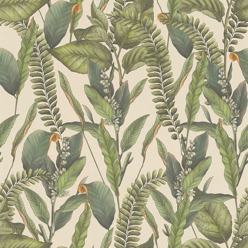 Jungle wallpaper with leaves and flowers, matt: green and cream, 1401624 AS Creation