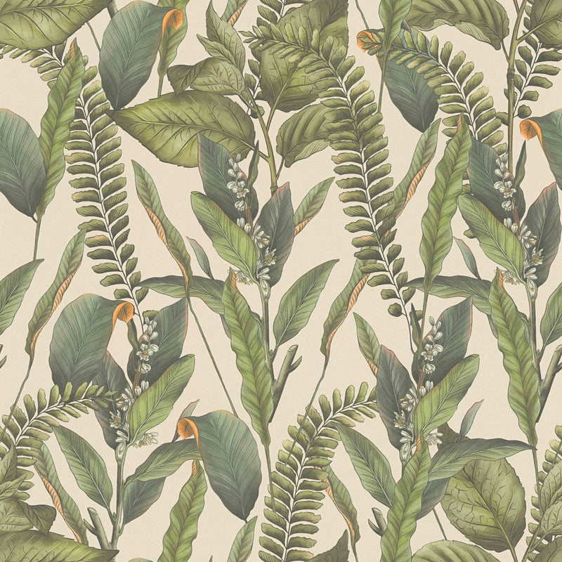 Džiunglių tapetai su lapais ir gėlėmis, matiniai: žalia ir kreminė, 1401624 AS Creation