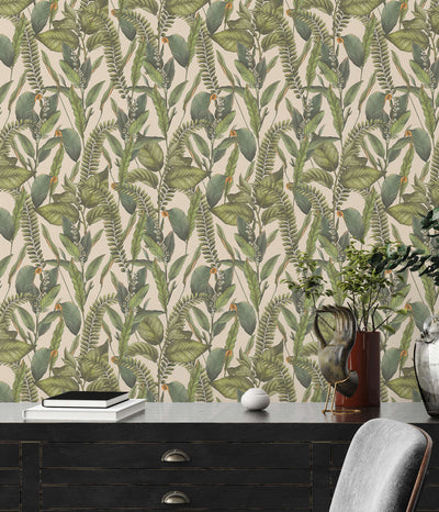Jungle wallpaper with leaves and flowers, matt: green and cream, 1401624 AS Creation