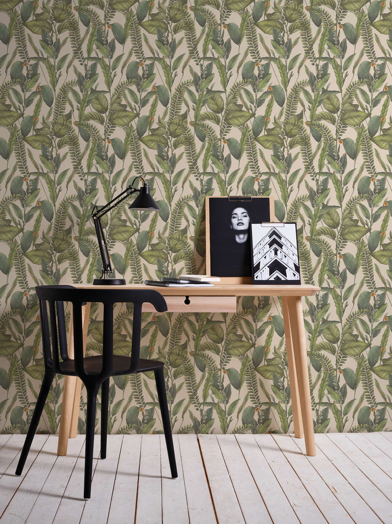 Jungle wallpaper with leaves and flowers, matt: green and cream, 1401624 AS Creation