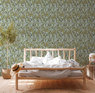 Jungle wallpaper with leaves and flowers, matt: blue, green, 1401625 AS Creation