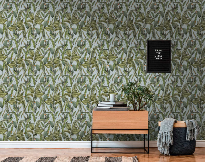 Jungle wallpaper with leaves and flowers, matt: blue, green, 1401625 AS Creation