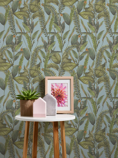 Jungle wallpaper with leaves and flowers, matt: blue, green, 1401625 AS Creation