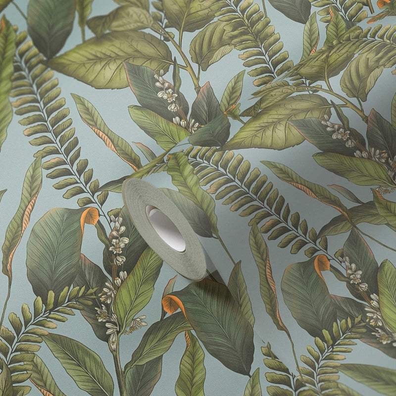 Jungle wallpaper with leaves and flowers, matt: blue, green, 1401625 AS Creation