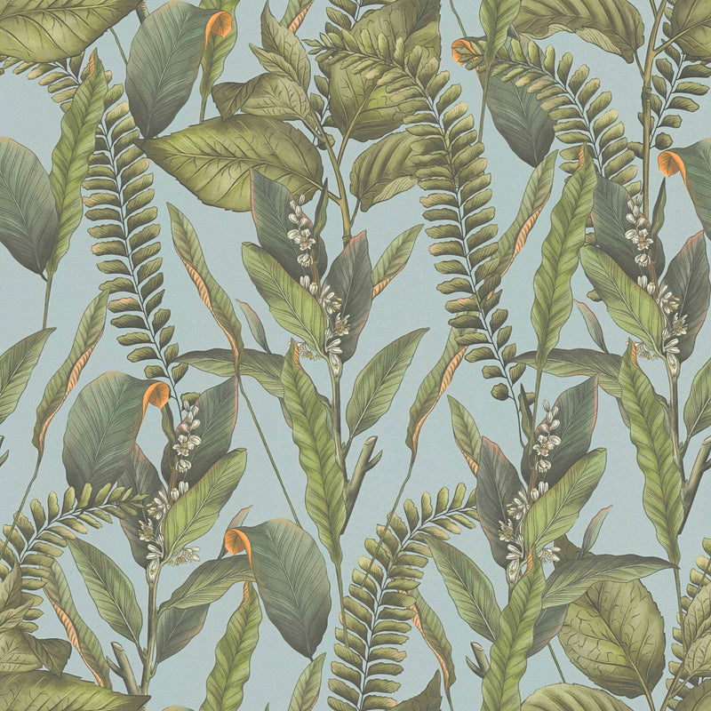 Jungle wallpaper with leaves and flowers, matt: blue, green, 1401625 AS Creation