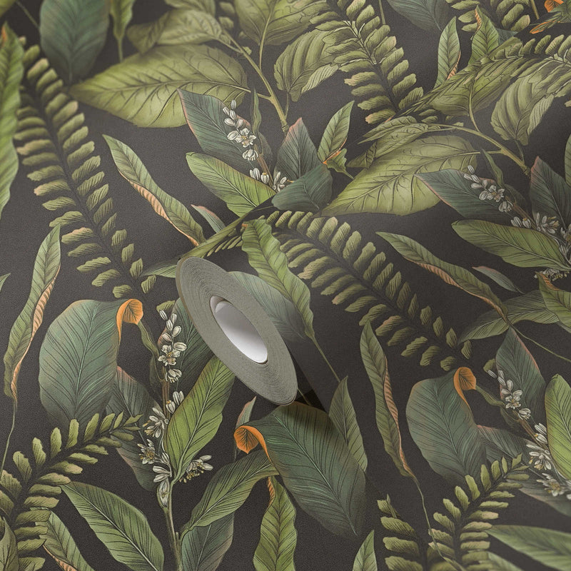 Jungle wallpaper with leaves and flowers, textured and matt, 1401623 AS Creation