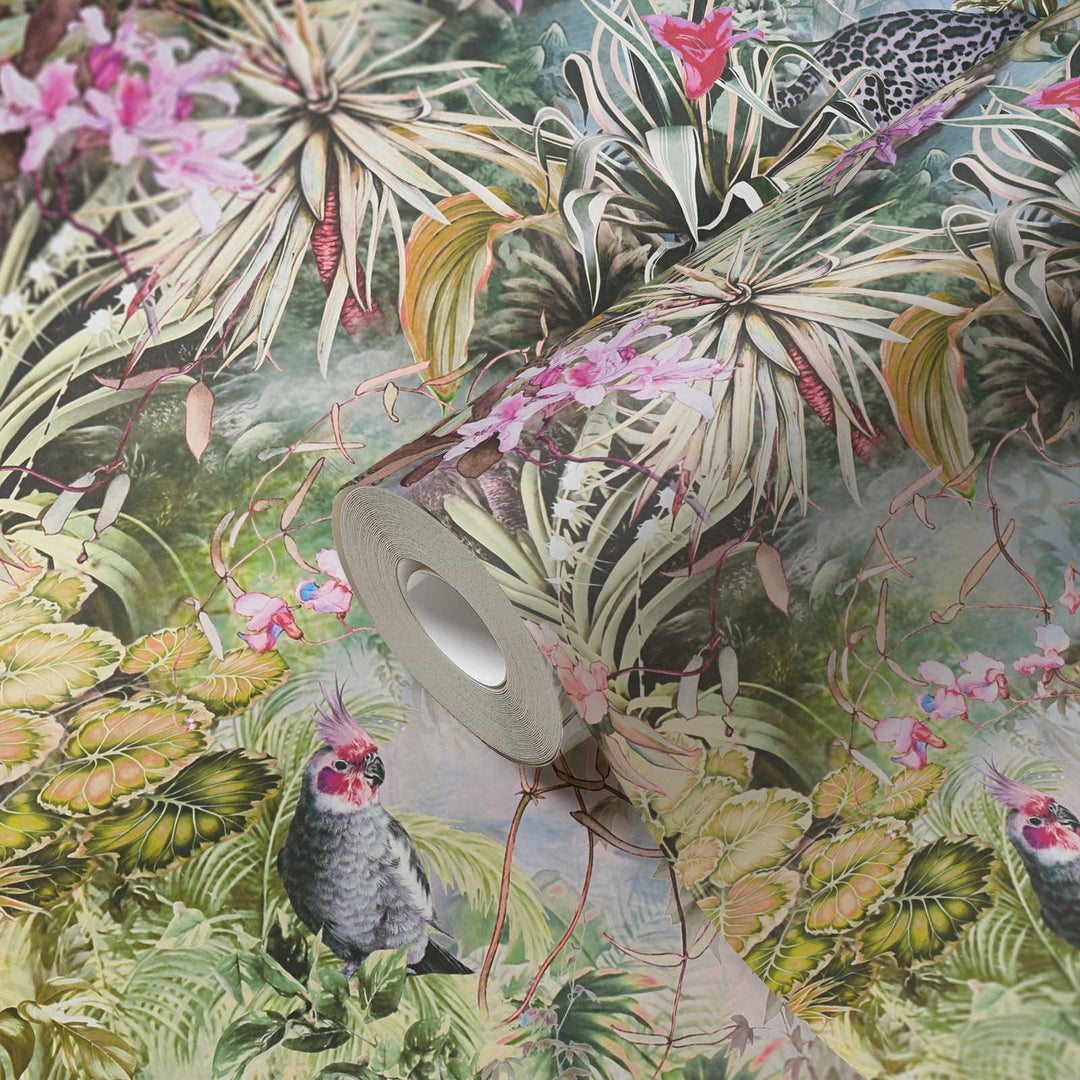 Džungļu tapetes ar papagaiļiem un leopardiem - zaļā, pelēkā - 1351541 AS Creation
