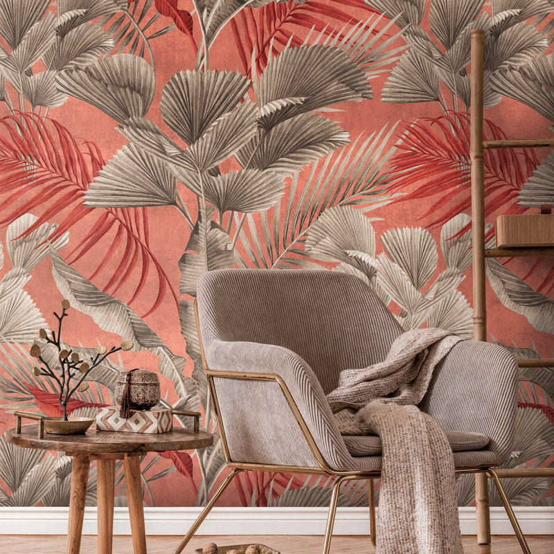Jungle wallpaper with tropical plants - pink and grey, 1375256 AS Creation