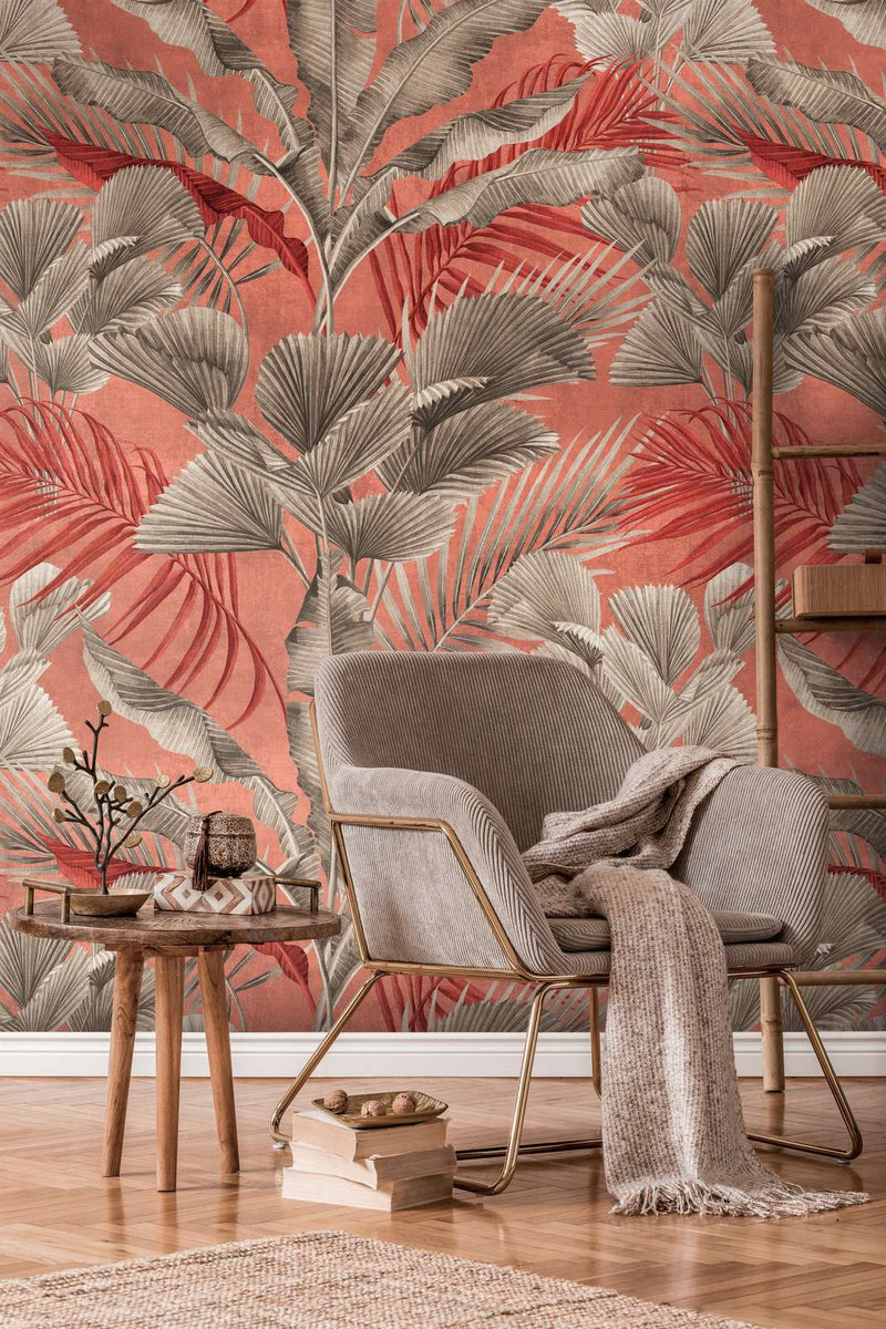 Jungle wallpaper with tropical plants - pink and grey, 1375256 AS Creation