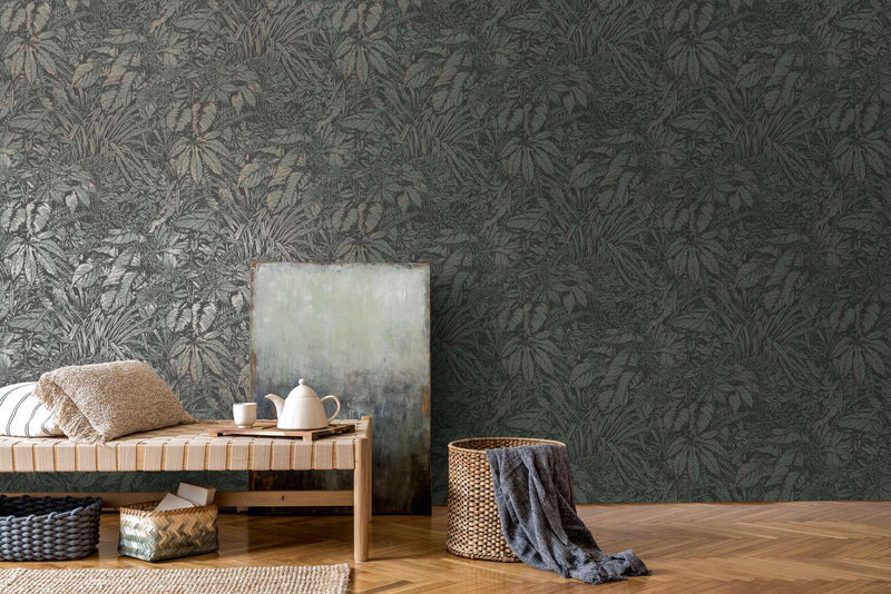 Jungle wallpaper with light texture in dark shades, 1404524 AS Creation