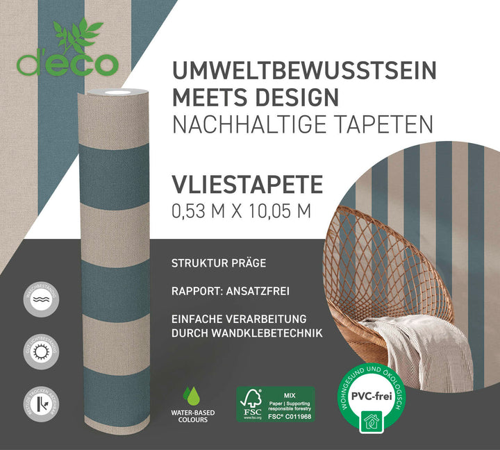 Ekoloģiskas svītrainas tapetes, bez PVC: zilā, brūnā - 386651 AS Creation