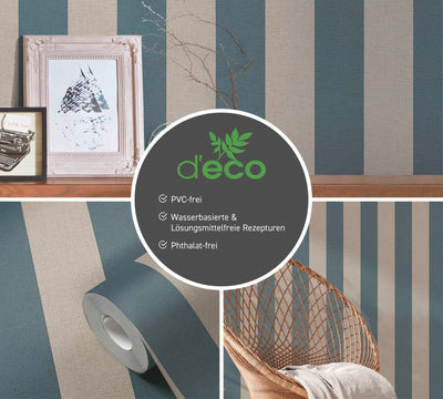 Ecological striped wallpaper, PVC-free: blue, brown - 1363133 AS Creation