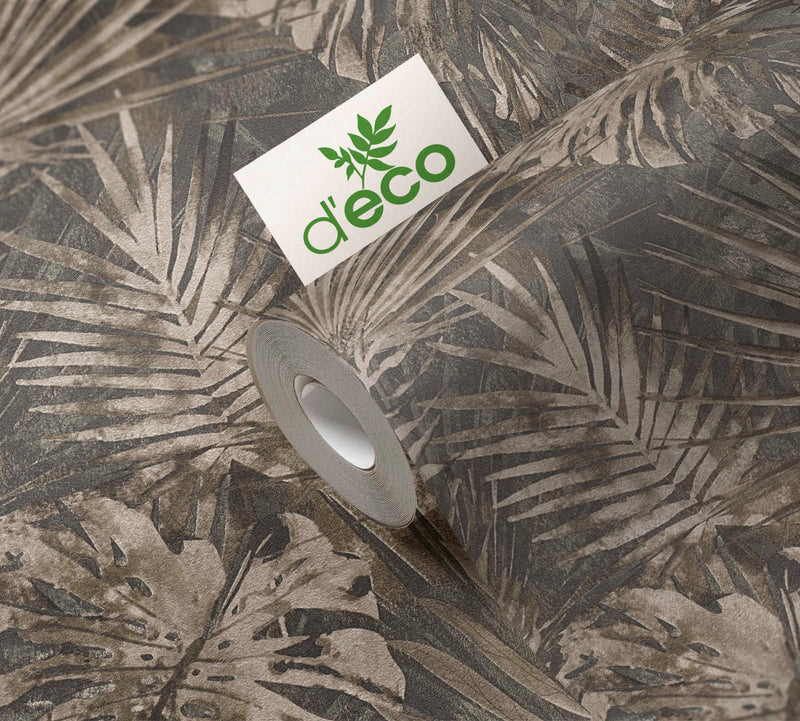 Eco-friendly jungle leaf wallpaper, PVC-free, brown - 1362517 AS Creation